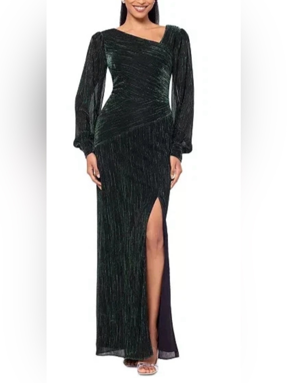 NEW Betsy & Adam 14W Green Metallic Crinkle Asymmetrical Formal Maxi Dress Gown